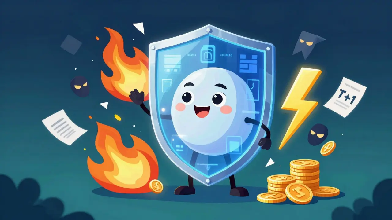 Indian investor protected by digital shield against theft and fire, with instant payment symbols