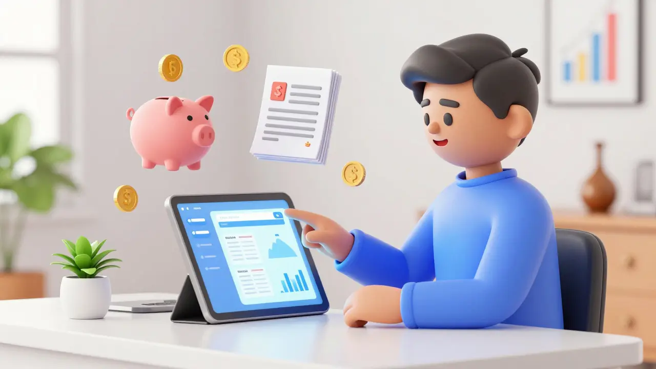 Relaxed Indian investor managing portfolio on tablet with floating dividend and chart icons