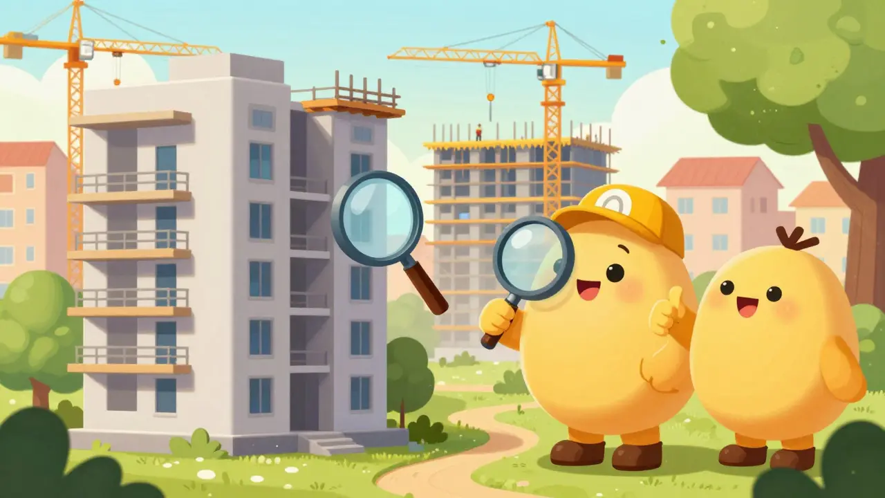 Rounded cartoon homeowner inspecting construction site with residents