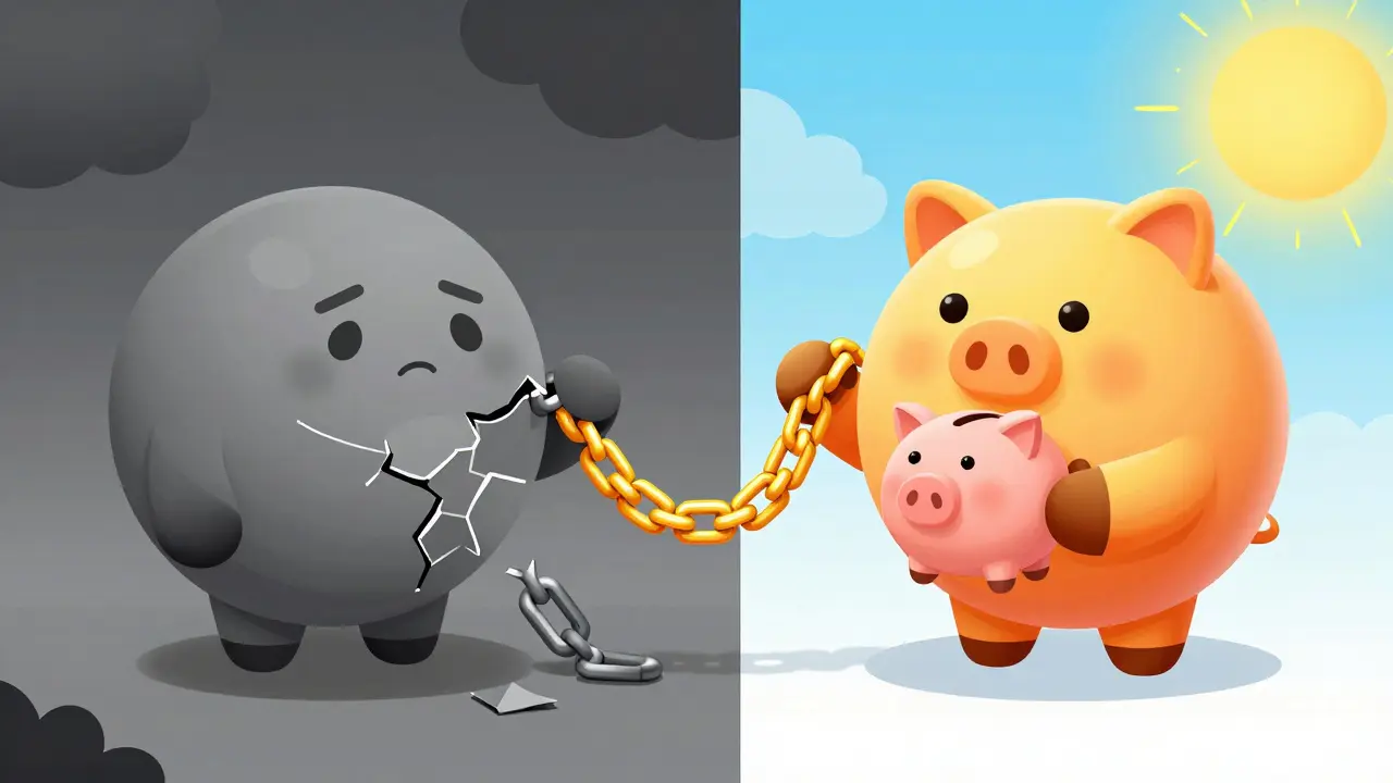 Split illustration comparing cancelled vs paused SIP with chains