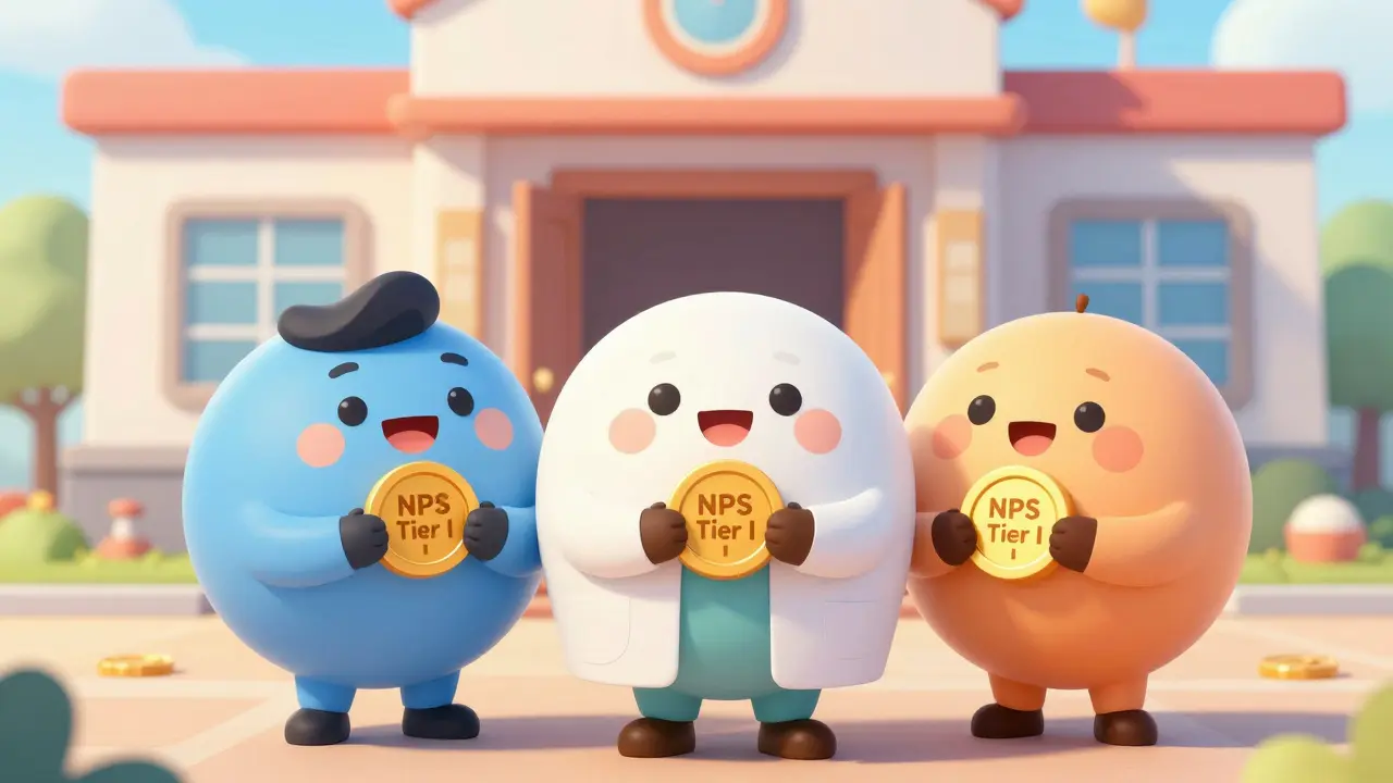 Three diverse people holding NPS coins
